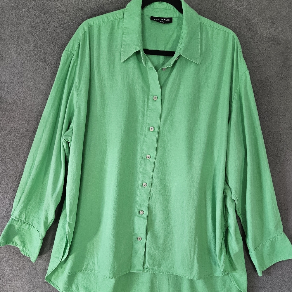 Lane Bryant Womens Plus 18/20 Burton Up Shirt Linen Blend Kelly Green Long Sleev
